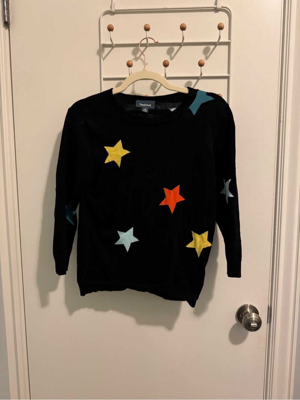 Modcloth Black Crewneck Sweater with Colorful Star Motifs